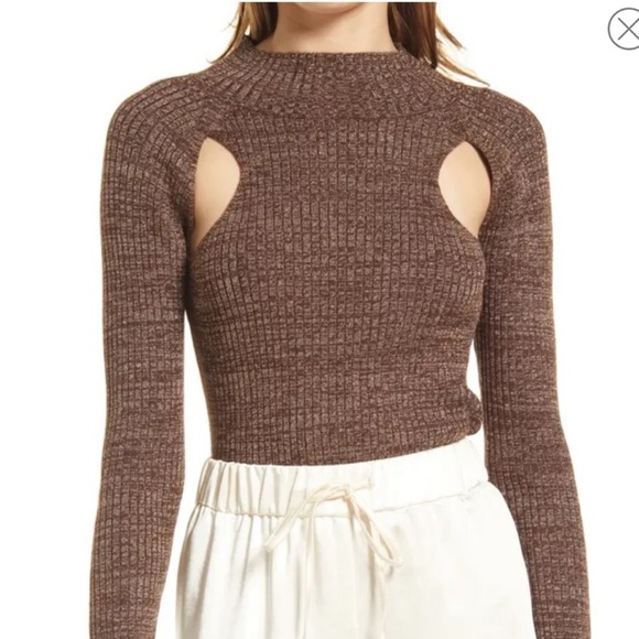 Open Edit Tops - Crew neck brown metallic top with slits size M